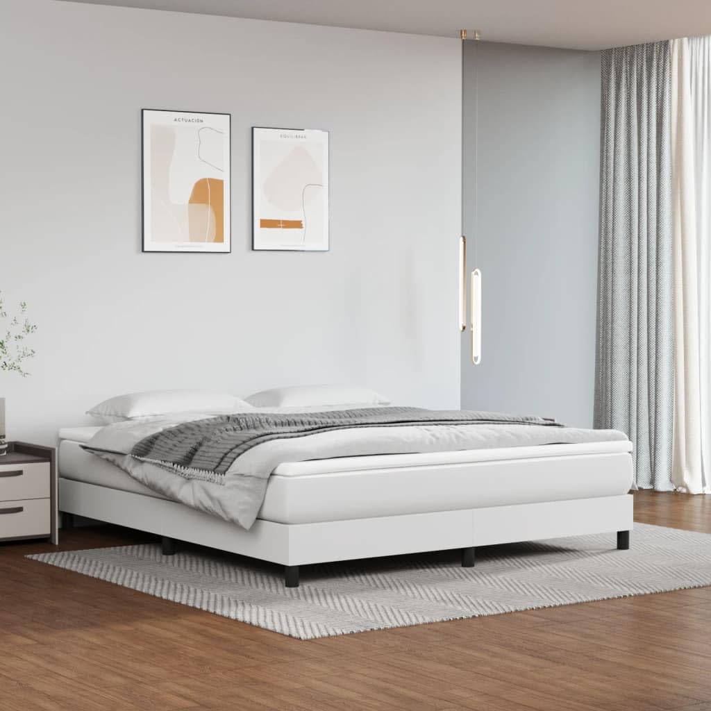 vidaXL Box Spring King Bed Frame in Faux Leather, White, Sturdy Construction, 76"x79.9" Compatible