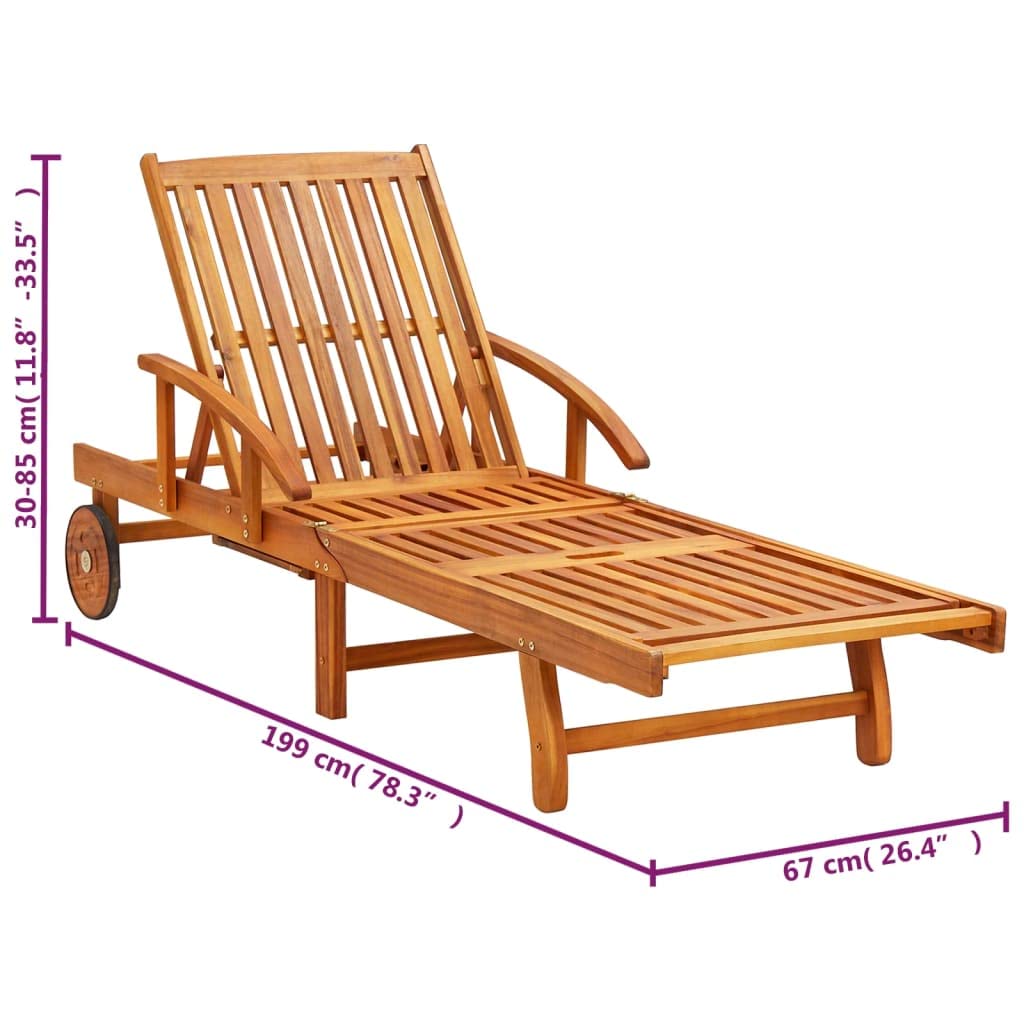 vidaXL 2 Piece Sun Loungers with Cushions in Rustic Acacia Wood - Inbuilt Wheels for Easy Movement - Adjustable Backrest and Footrest - Leaf Pattern Decorative Cushions