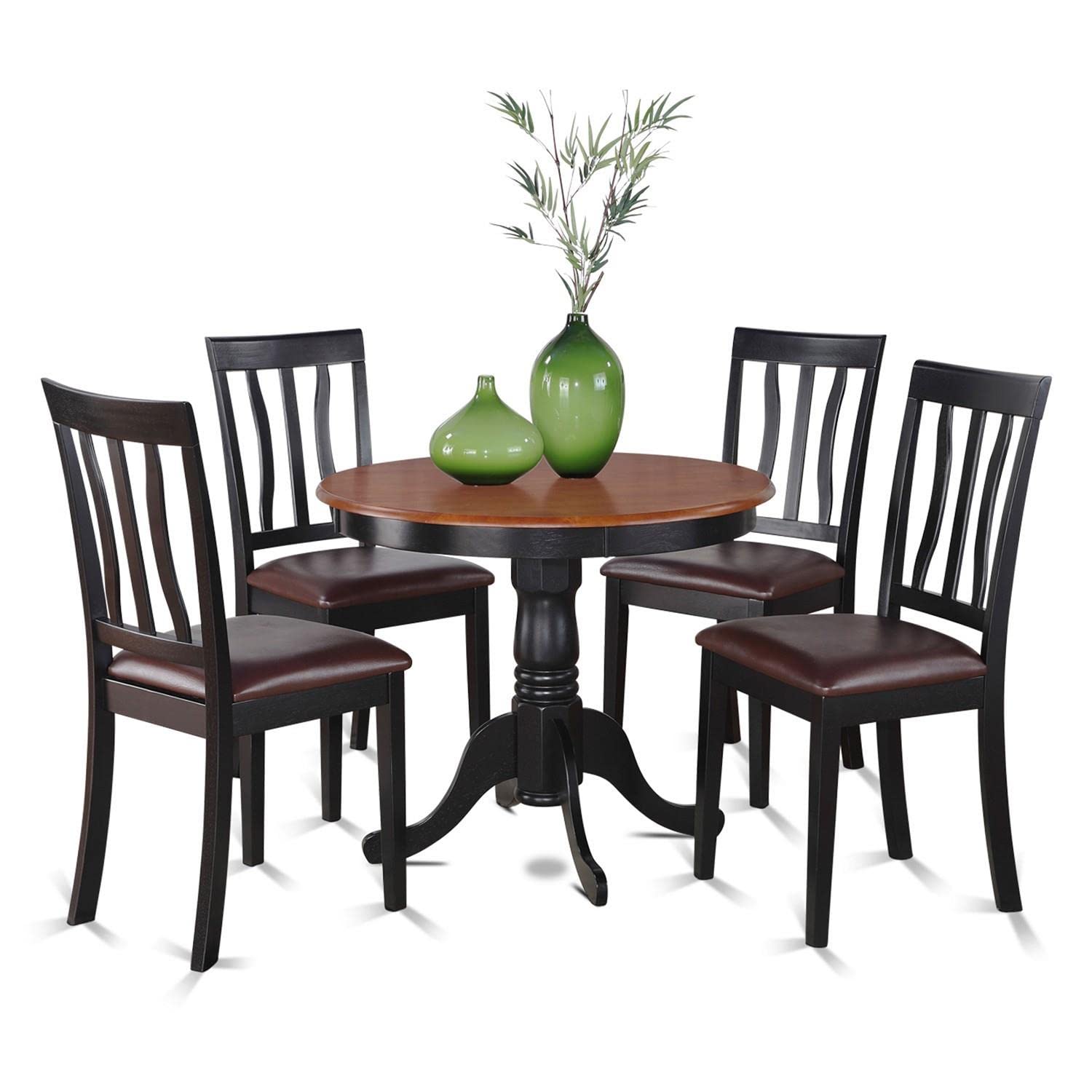 East West Furniture ANTI5-BLK-LC 5 Piece Dining Table Set for 4 Includes a Round Kitchen Table with Pedestal and 4 Faux Leather Upholstered Dinette Chairs, 36x36 Inch, Black & Cherry