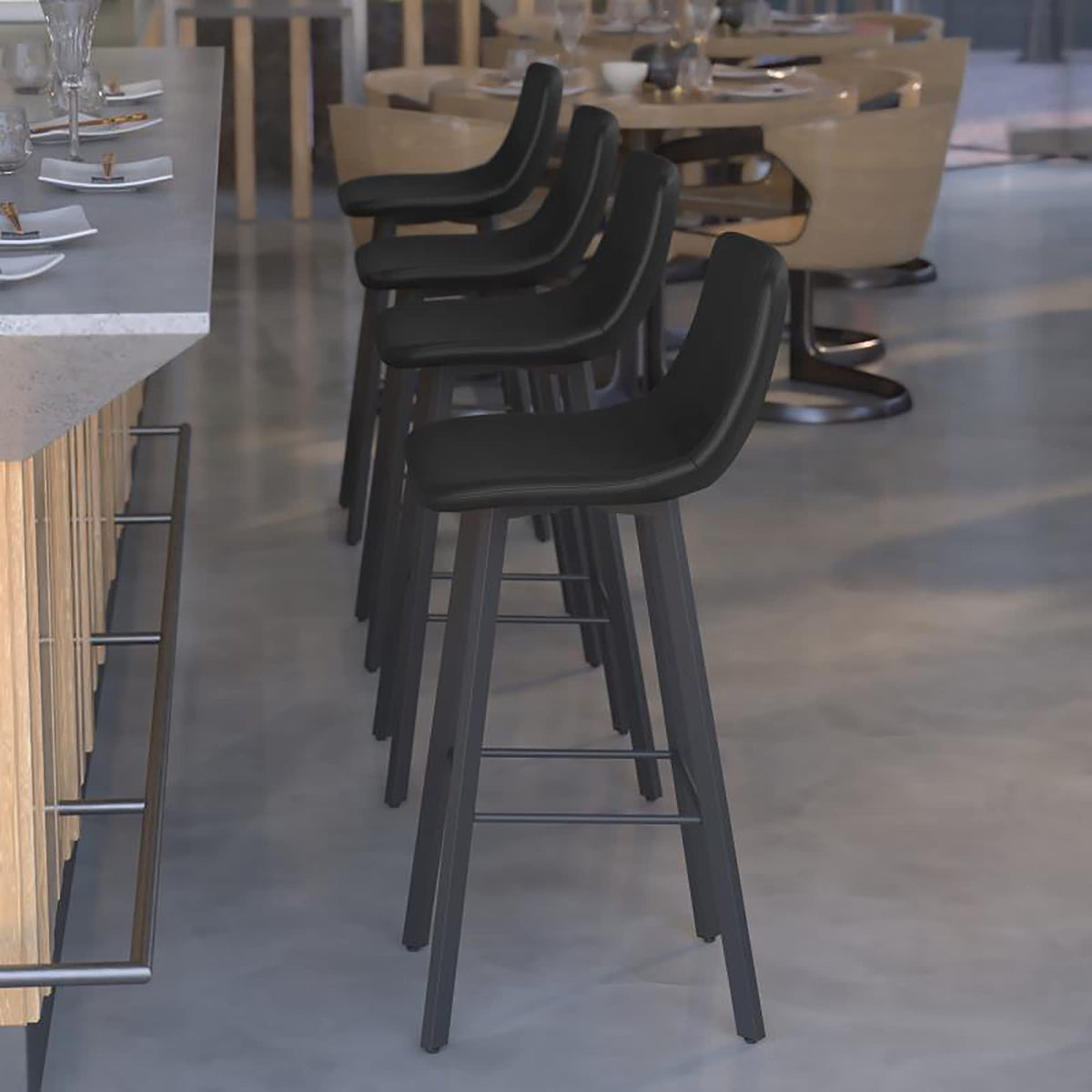Flash Furniture Caleb Modern Commercial Barstools with Footrests - Black LeatherSoft -30 Inch - Black Matte Iron Frame - Armless - Set of 2