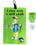Giggle Golf I Play with A Stiff Shaft Waffle Golf Towel, Poker Chip, and Can Cooler | Funny Golf Towel