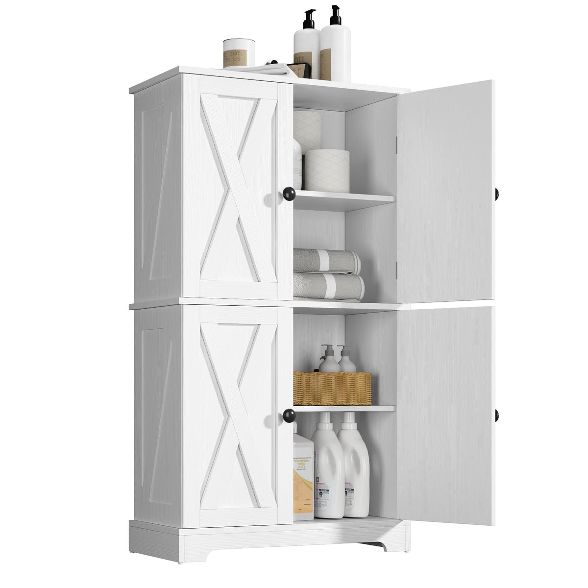 SMORBOOS Farmhouse Bathroom Storage Cabinet, 4Door Floor Cabinet