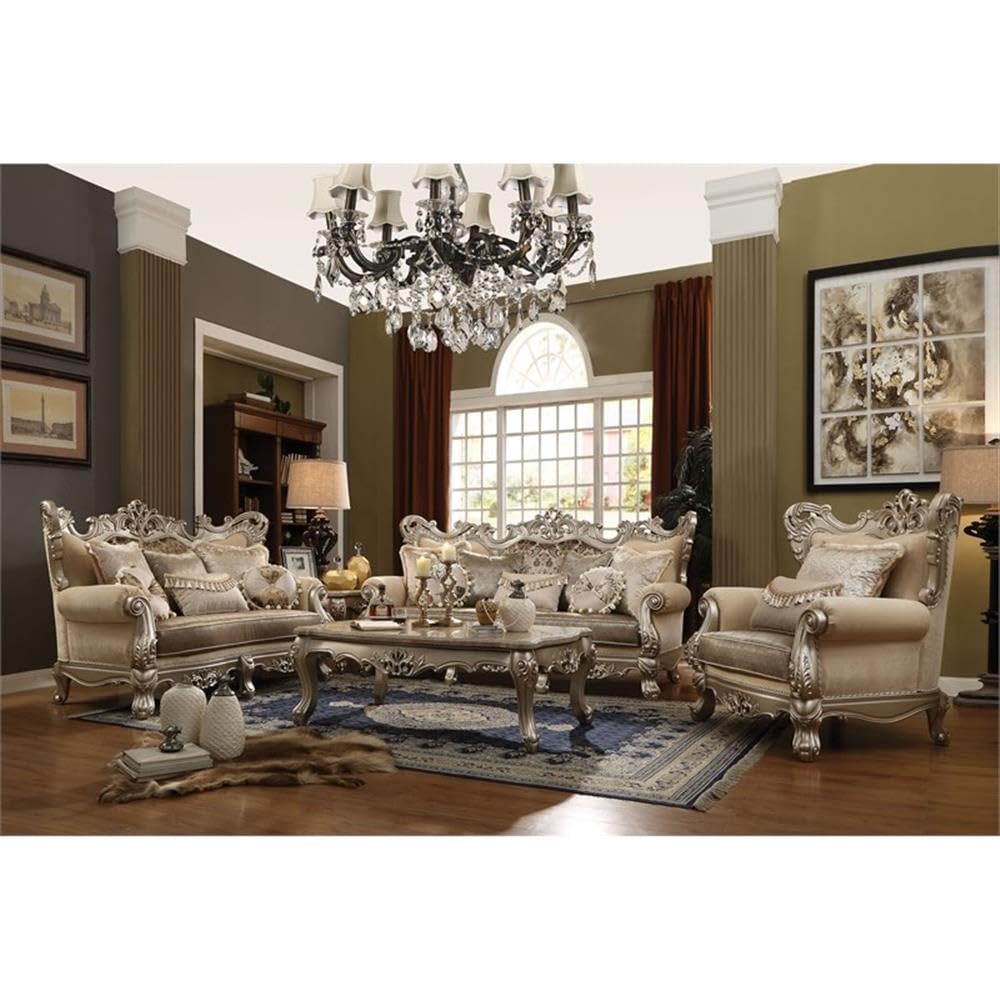 Acme Ranita Marble Top End Table with Carved Floral Champagne