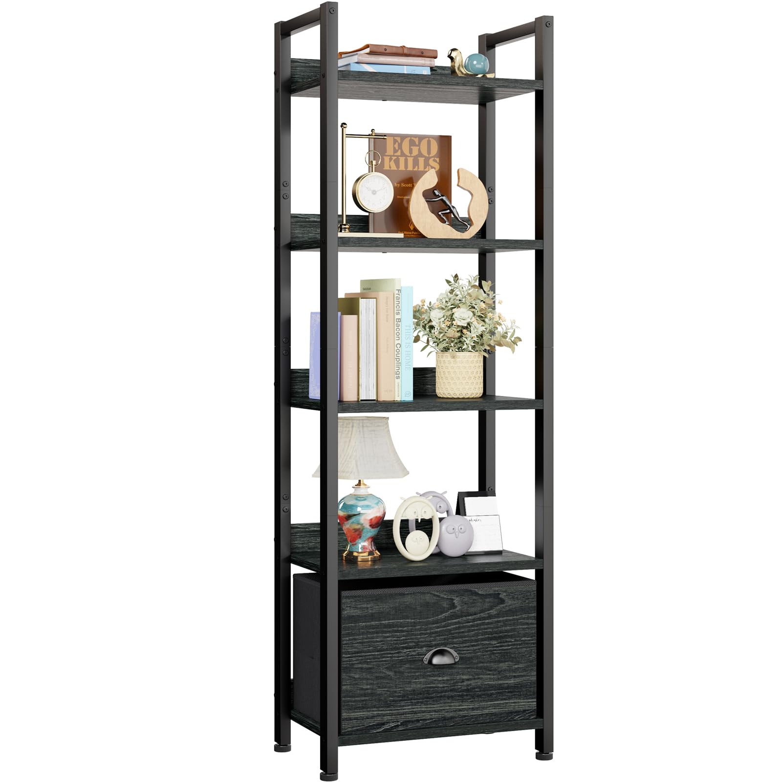 Furologee 5 Tier Bookshelf With Drawer, Kitchen Bakers Rack With Storage, Tall Narrow Bookcase, Industrial Free Standing Display Shelf, Wood And Metal Book Shelf For Bedroom, Living Room, Black