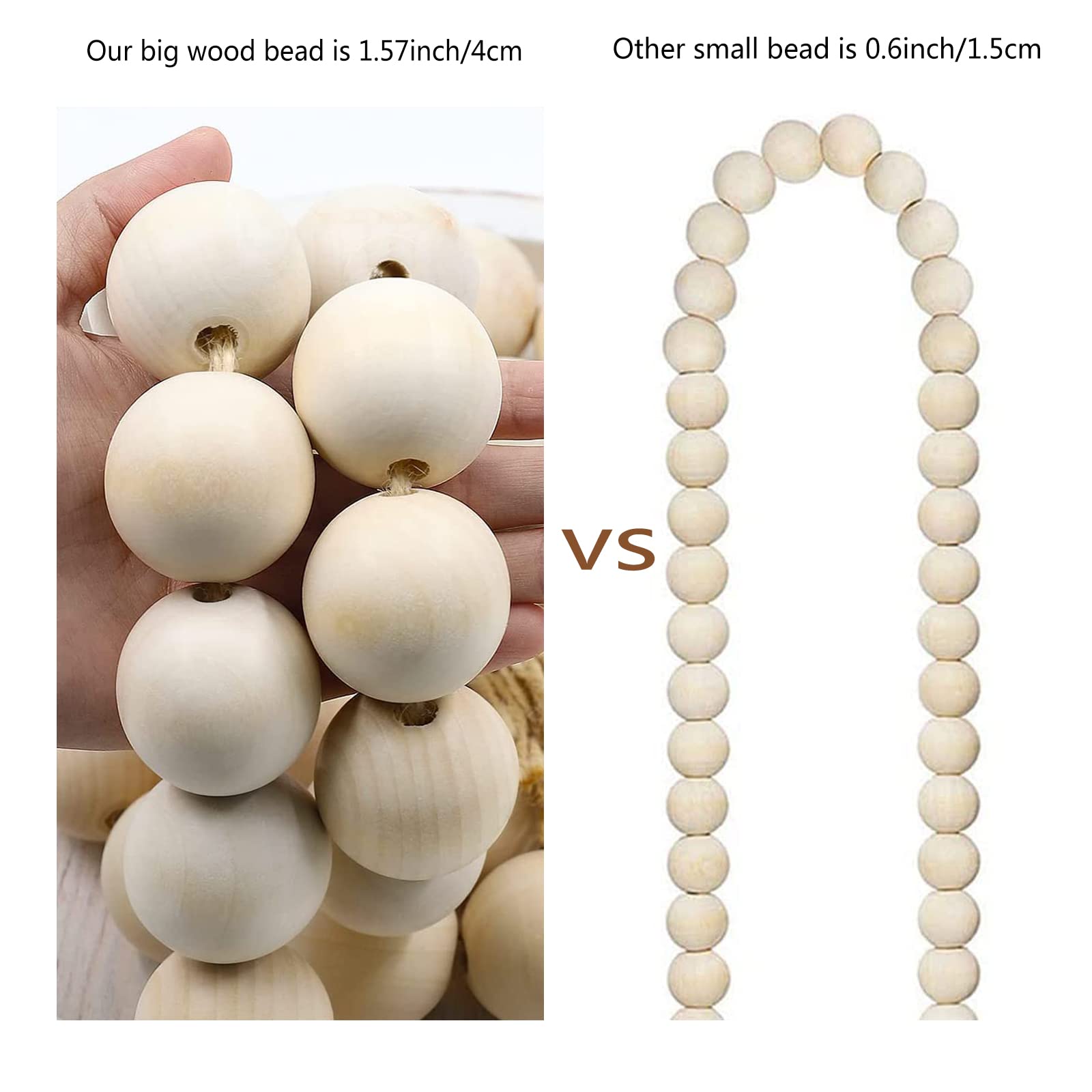 Farmhouse Decor Large Wood Bead Garland 50Inch Long With 1.6'' Diameter Beads, Natural Wooden Beads Decor With Tassels Decorativ