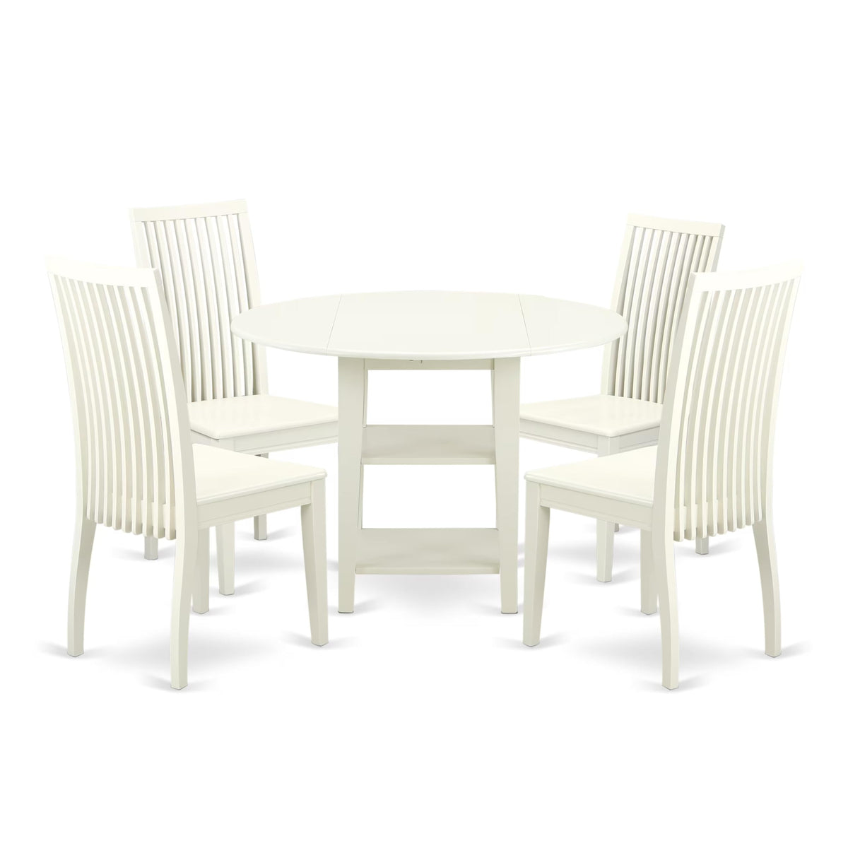 East West Furniture SUIP5-LWH-W 5 Piece Dinette Set for 4 Includes a Round Dining Table with Dropleaf & Shelves and 4 Dining Room Chairs, 42x42 Inch, Linen White