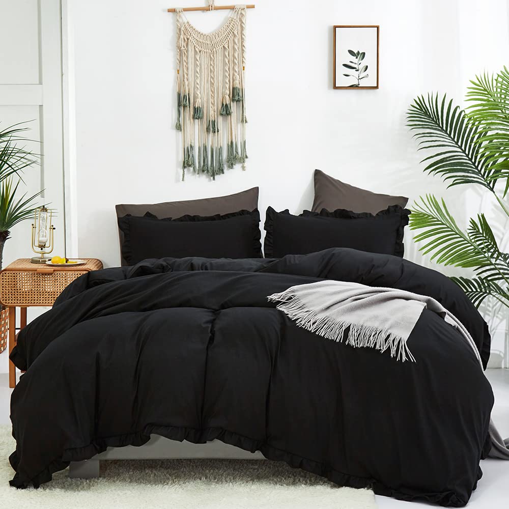 Clothknow Black Comforter Set Twin 3Pcs Ruffles Bedding Comforter Sets Black Comforter Twin Boho Shabby Chic Comforter Black Com