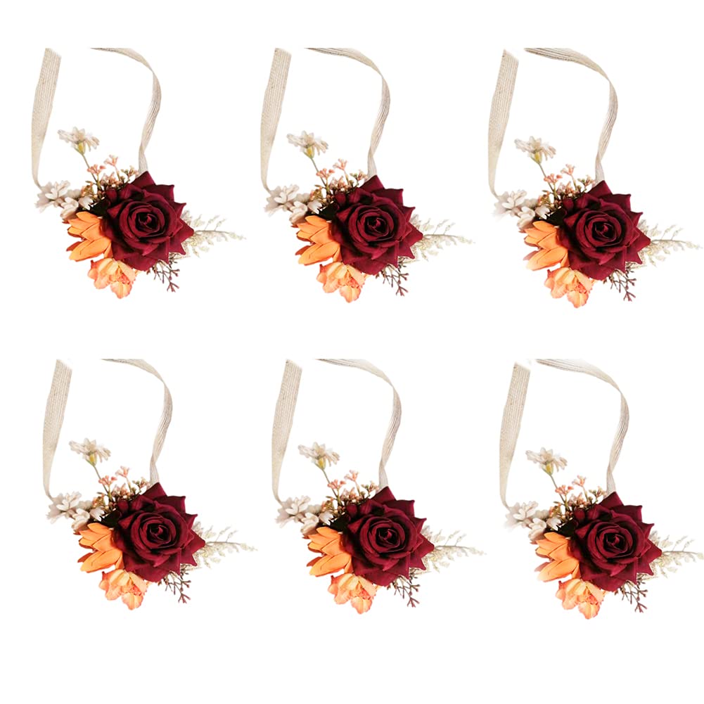 Ansofi Wrist Corsage Wristlet Band Bracelet for Women Bride Bridesmaid, Burgundy & Burnt Orange Corsages for Wedding Set of 6