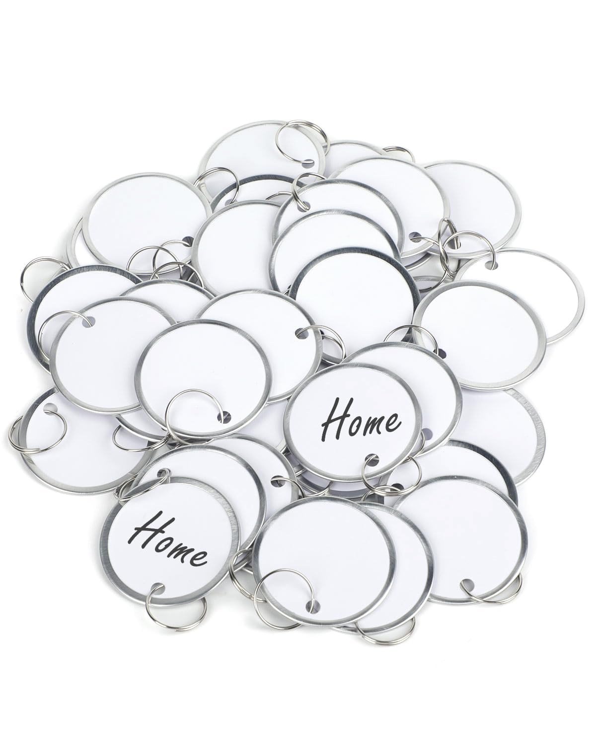 Uniclife 50 Pcs Metal Rim Key Tags 1.5 Inch Round Key Chain Tags Writable White Paper Labels With Metal Edges And Split Rings St