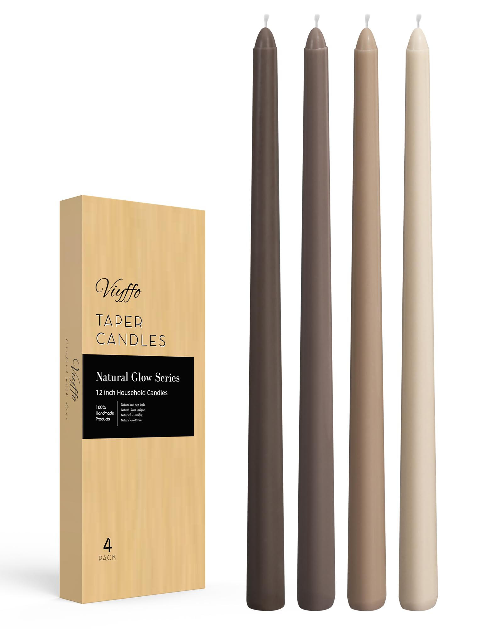 Viyffo Taper Candles 12 Inch Brown Set of 4 Unscented, Dripless, Smokeless Long Tall Tapered Candlesticks Wedding Advent Home De