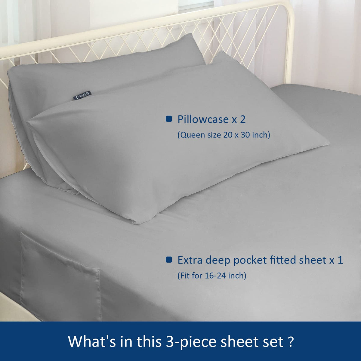 Deep Pocket Twin Sheets Set For Kids Air Mattress - Extra Deep Pocket Twin Sheet Sets - 3Pcs Side Storage Pocket Fitted Sheet & Pillowcases Easily Fits 16In To 24In Pillow Top Bed Mattress(Grey)