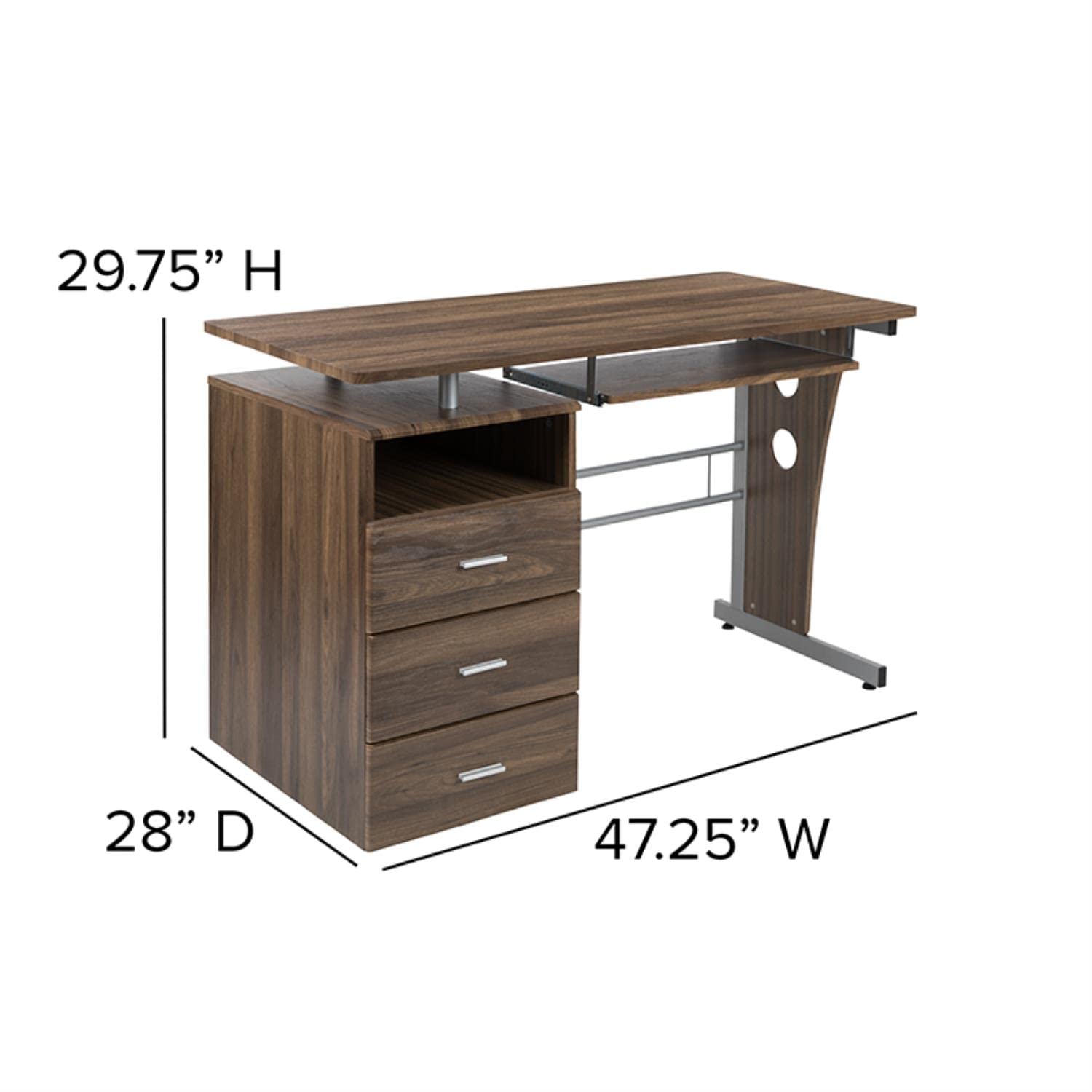 Flash Furniture Joshua Rustic Walnut Desk With Three Drawer Pedestal And Pull-Out Keyboard Tray