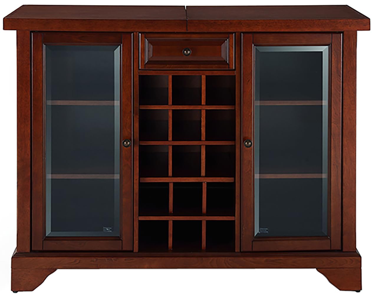 Crosley Furniture LaFayette Sliding Top Bar Cabinet with Storage Shelves, Drawer, and Wine Rack, Vintage Mahogany