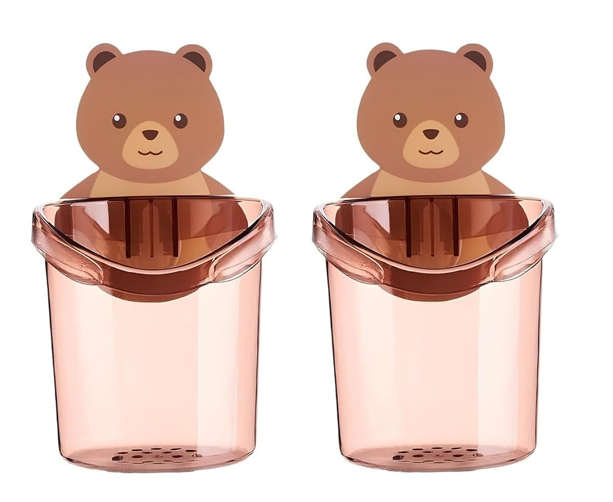 Teddy Bear Toothbrush Holder with Drainage Base, No Drill Self Adhesive Toothpaste & Toothbrush Storage Cup, Cute Bathroom Acces