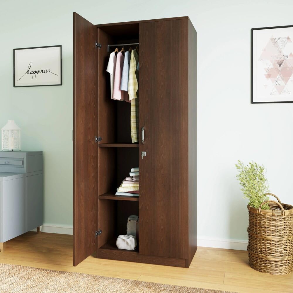 Nilkamal Willy Neo 2 Door Wooden Wardrobe Without Mirror For Bedroom | Almirah With 1 Hanging Rod, 3 Shelves | Clothes Cupboard 