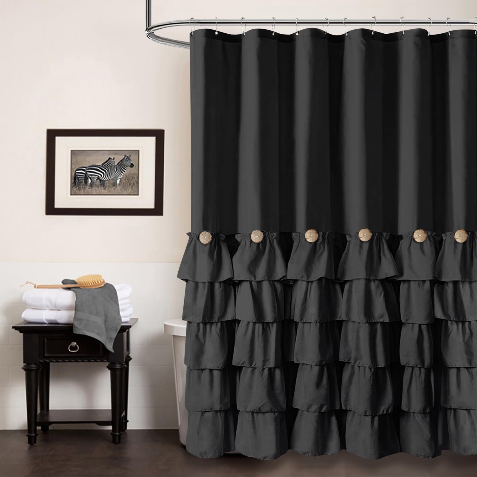 Seasonwood Black Ruffle Shower Curtain Farmhouse Style Black Fabric Shower Curtain Nature Button Shabby Chic Ruffles and French 