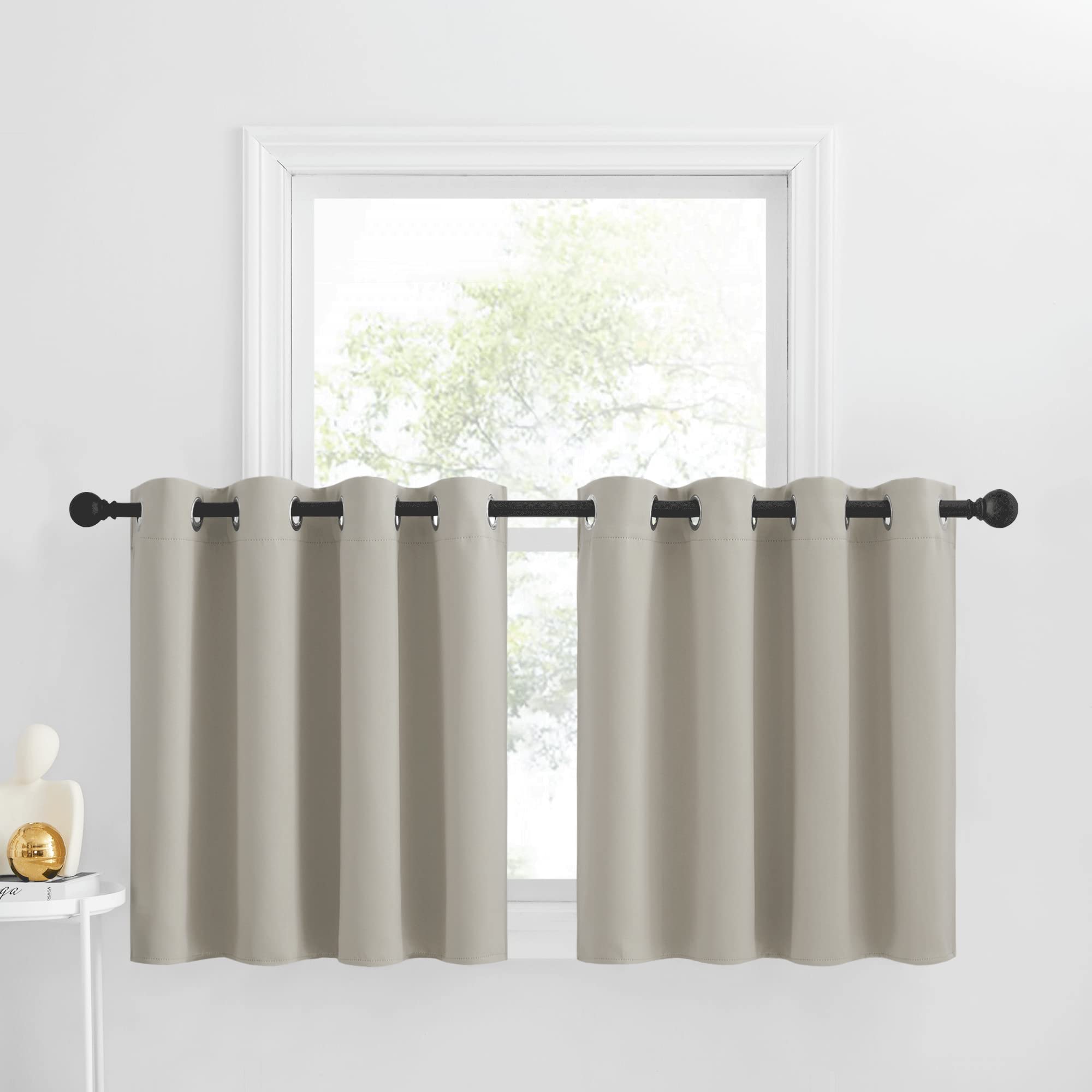 Nicetown Kitchen Valance Window Treatment Blackout Tiers For Small Window Short Curtain Farmhouse Grommet Country Window Cover For Living Room/Basement, W52 X L30, 2 Panels, Natural