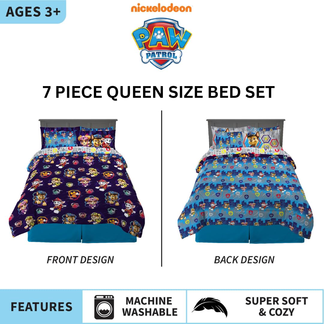 Franco Paw Patrol Kids 7 Piece Queen Size Bedding Set, Super Soft Comforter & Sheets, Official Licensed Product