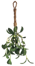 Artificial Silk Green Mistletoe with white berries and has a natural jute cord hanger for easy display. Size: 10 long