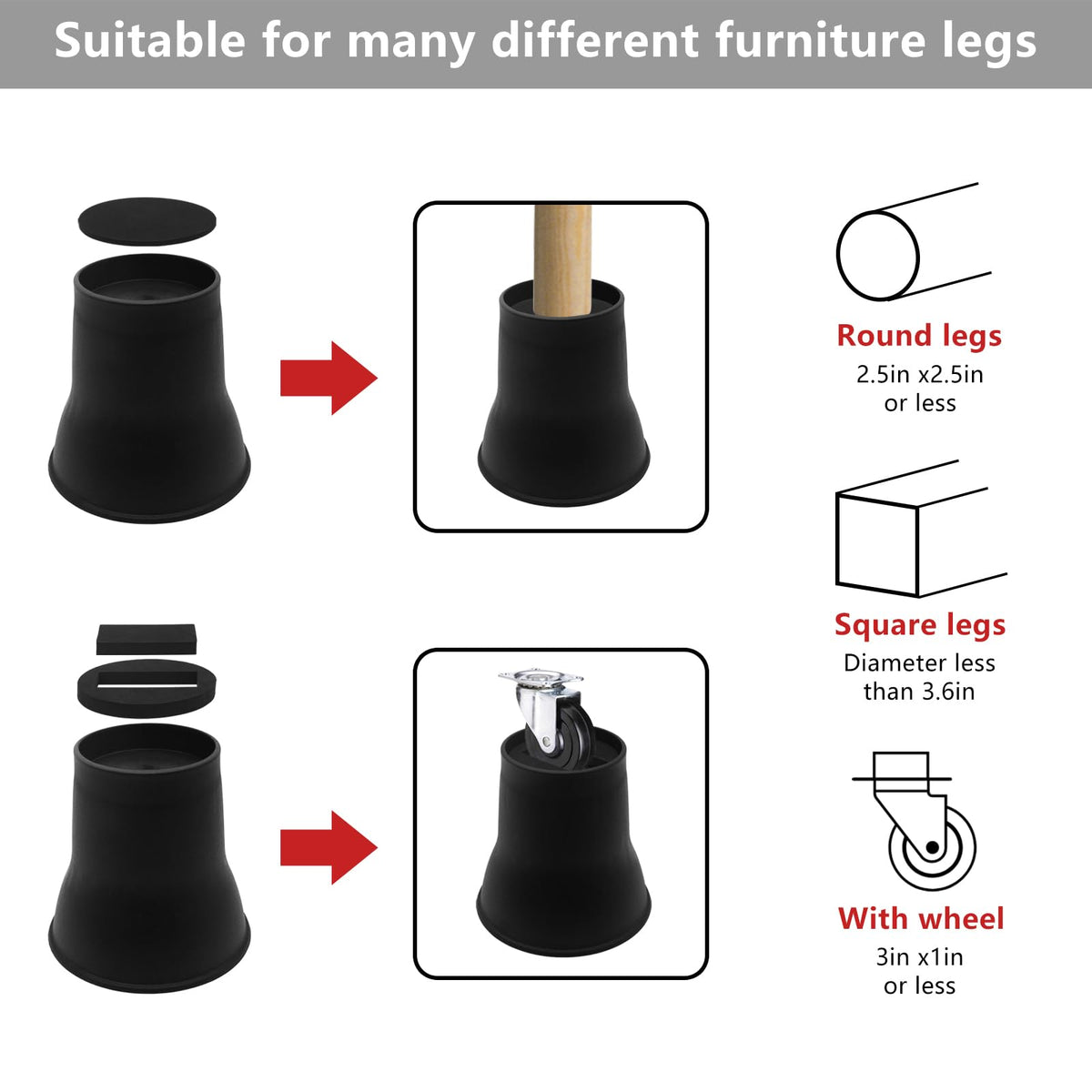 Hanihua 6 Pack Bed Risers 6 Inch Heavy Duty Black Furniture Risers, Bed Lifts Risers For Bed, Table, Couch, Desk, Bed Frame Rise