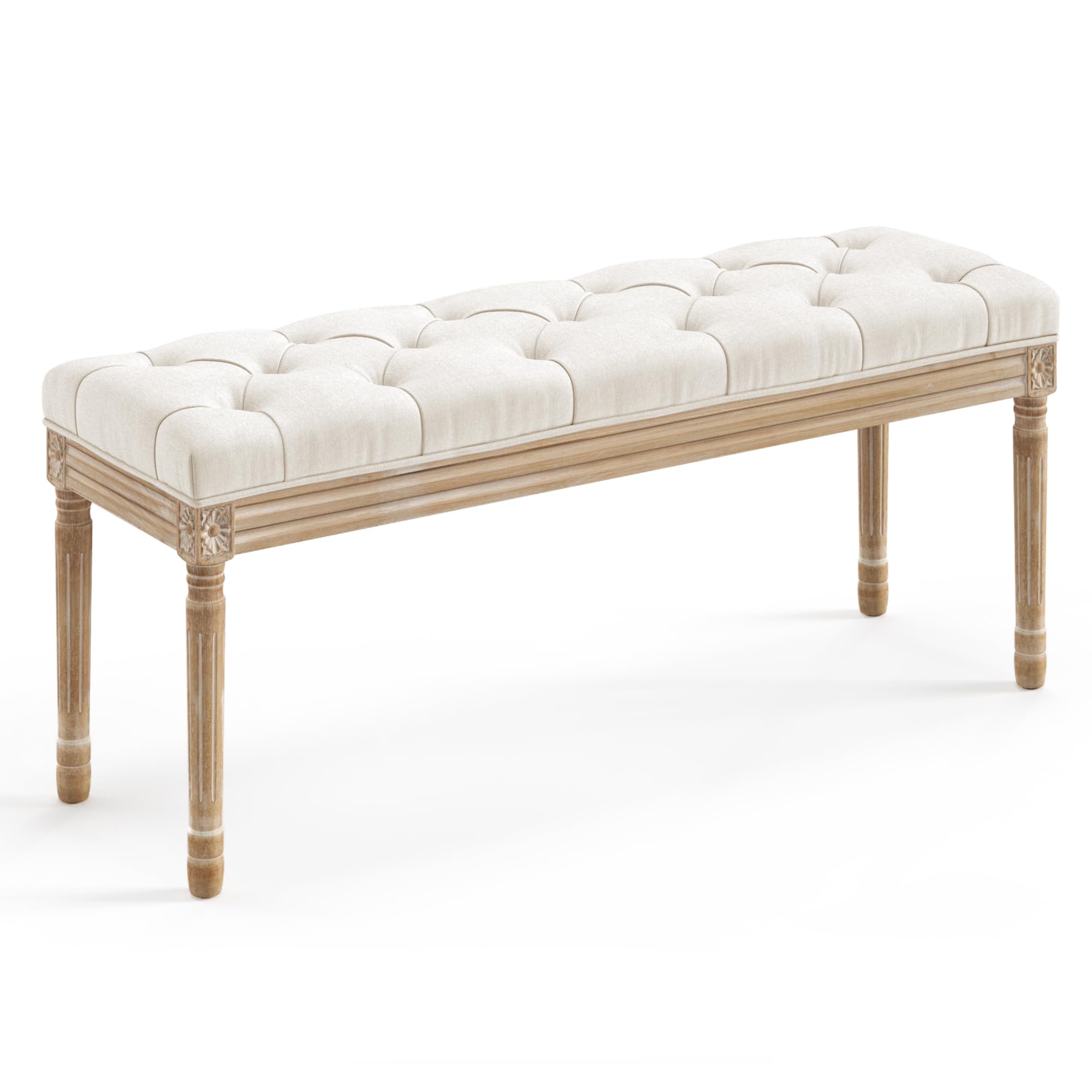 LUE BONA 44 Bedroom Bench, Vintage French Tufted End of Bed Bench, Upholstered Fabric Ottoman Bench with Carved Wood Legs for Be