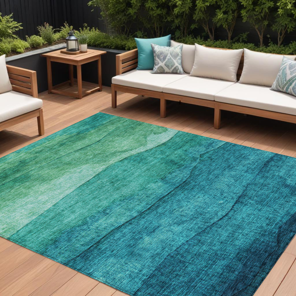 10' X 14' Teal Blue And Green Abstract Washable Indoor Outdoor Area Rug