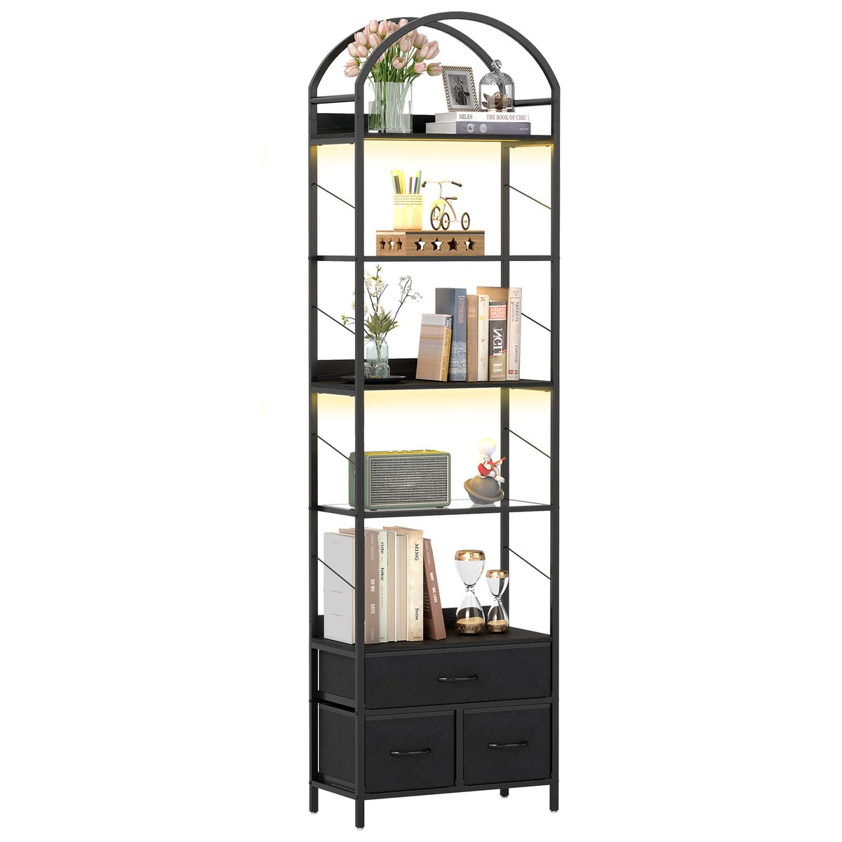 Turosur 83.4 Tall Narrow Bookshelf with 3 Drawers, Arched Bookcase with LED Lignts, 6Tier Open Bookshelf with Metal Frame, Bla