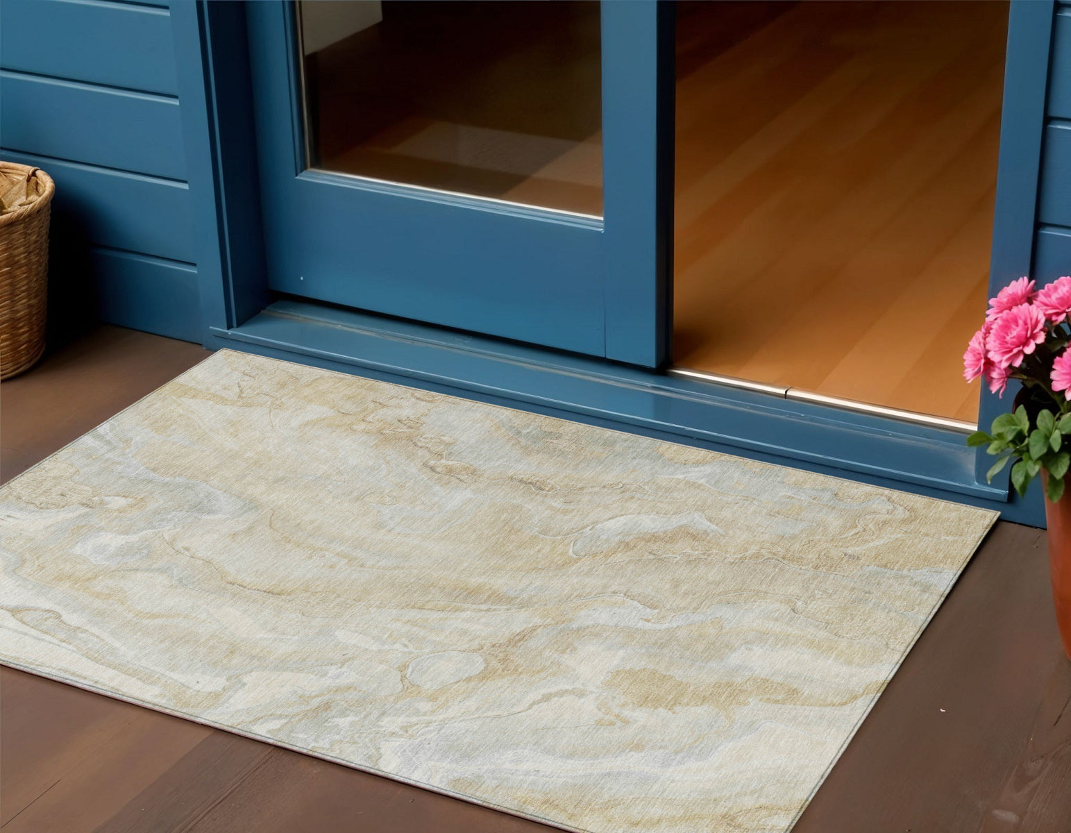 3' X 5' Beige And Silver Abstract Washable Indoor Outdoor Area Rug