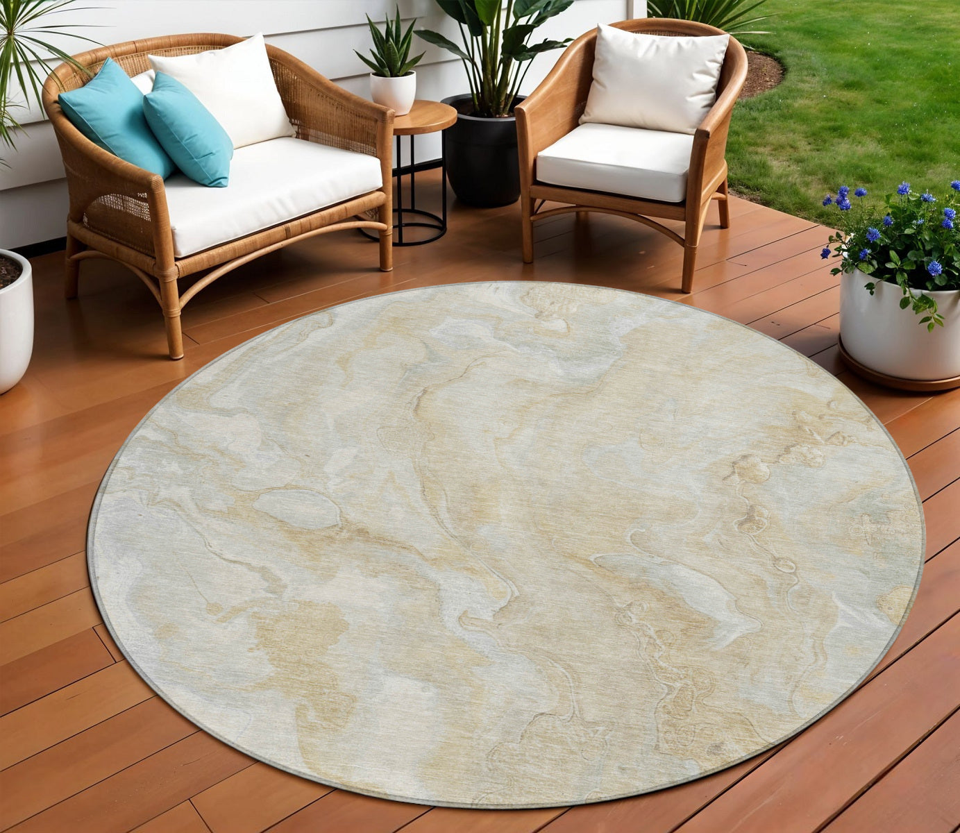 8' Beige And Silver Round Abstract Washable Indoor Outdoor Area Rug