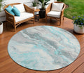 8' Teal Blue And Silver Round Abstract Washable Indoor Outdoor Area Rug