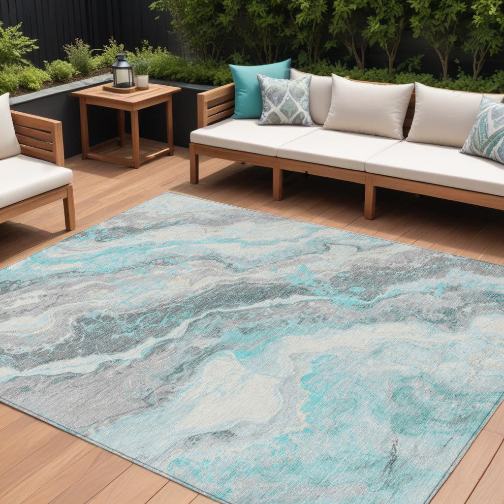 10' X 14' Teal Blue And Silver Abstract Washable Indoor Outdoor Area Rug