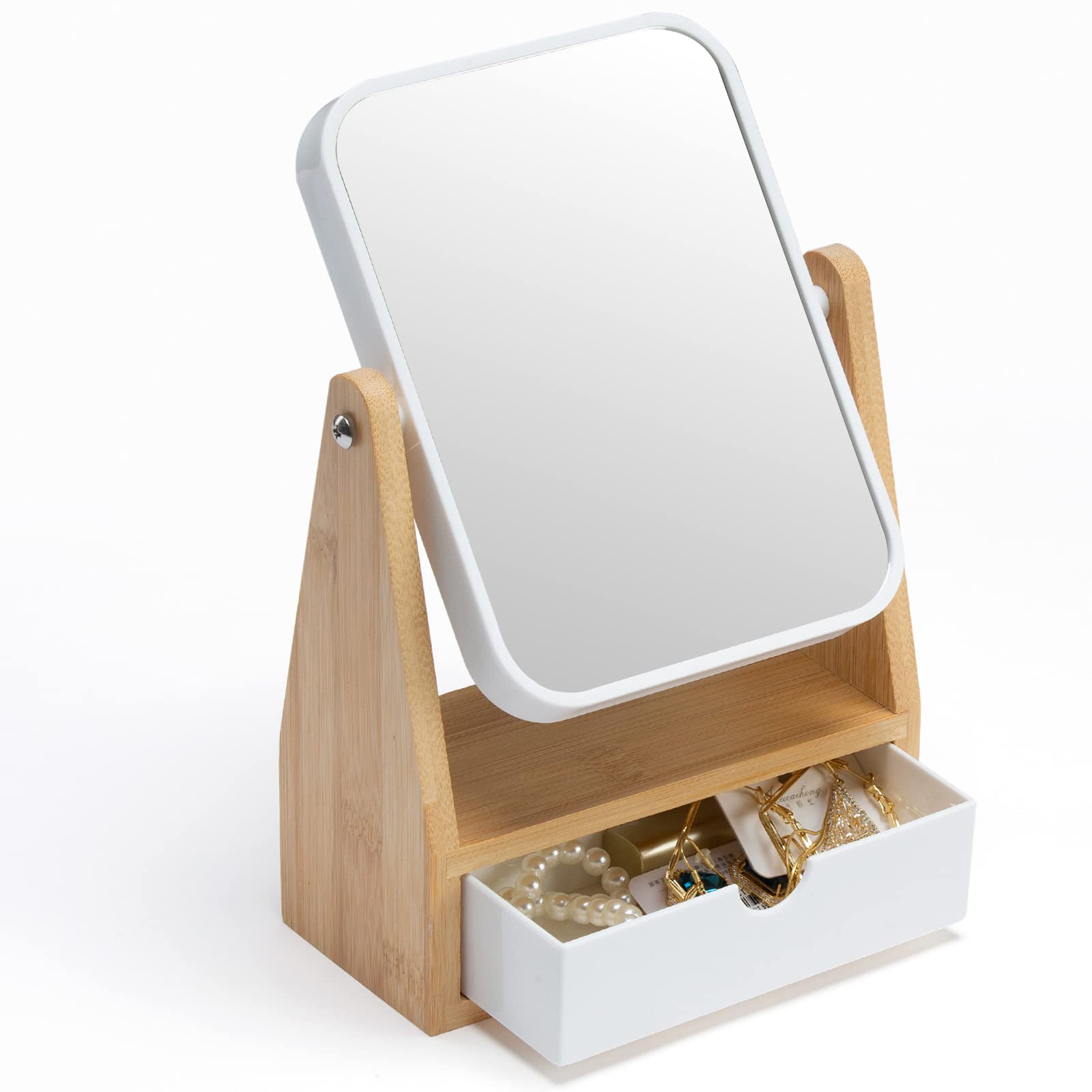 YEAKE Vanity Makeup Mirror with Storage, 1X/3X Double Sided Magnifying Mirror with Adjustable Natural Bamboo Stand,Portable Smal