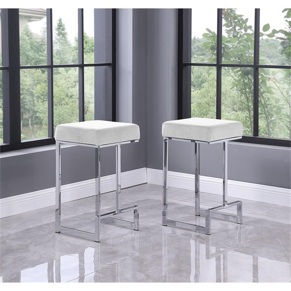 Best Master Furniture Dorrington Velvet Backless Counter Height Stool in White/Silver (Set of 2)