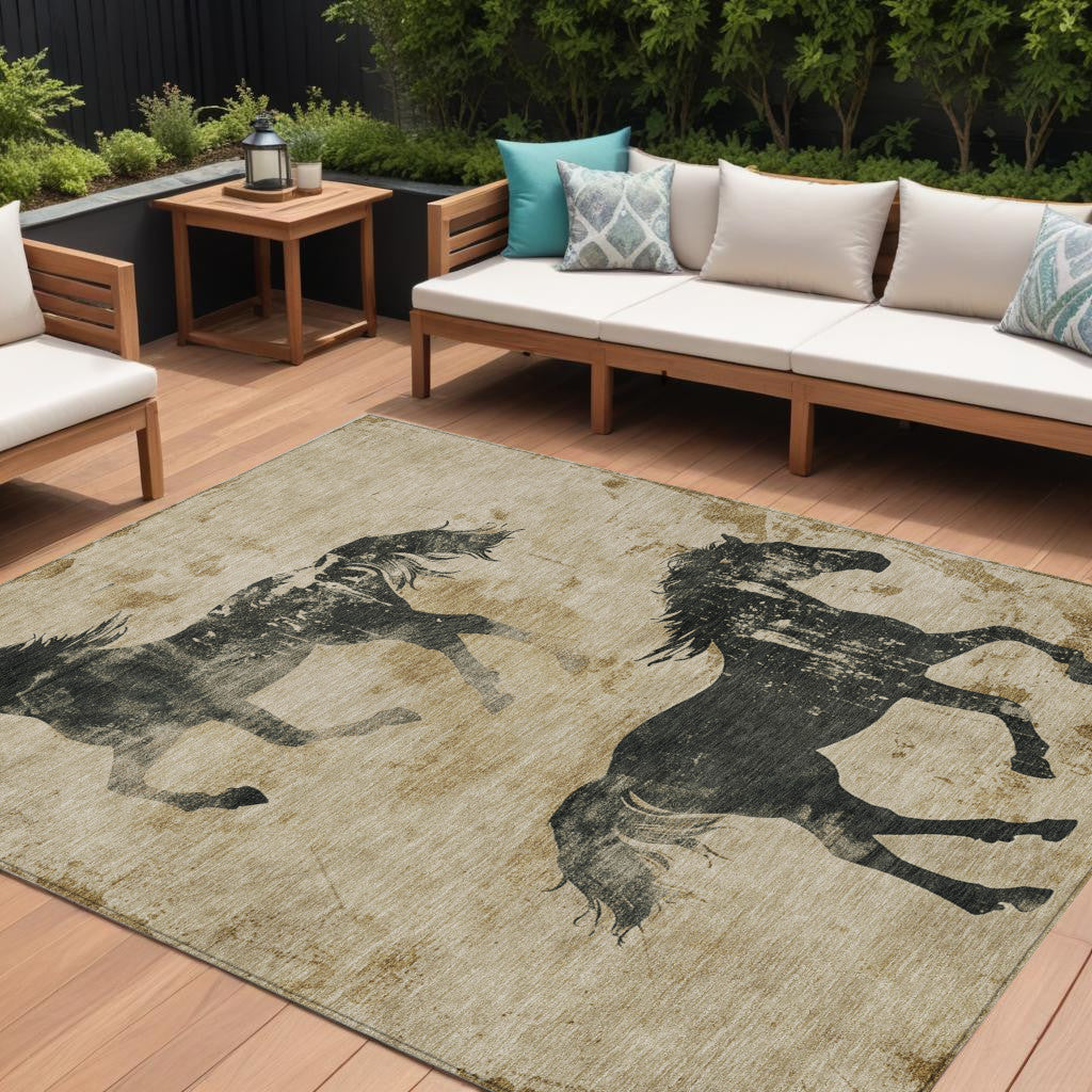 9' X 12' Beige And Charcoal Horse Washable Indoor Outdoor Area Rug