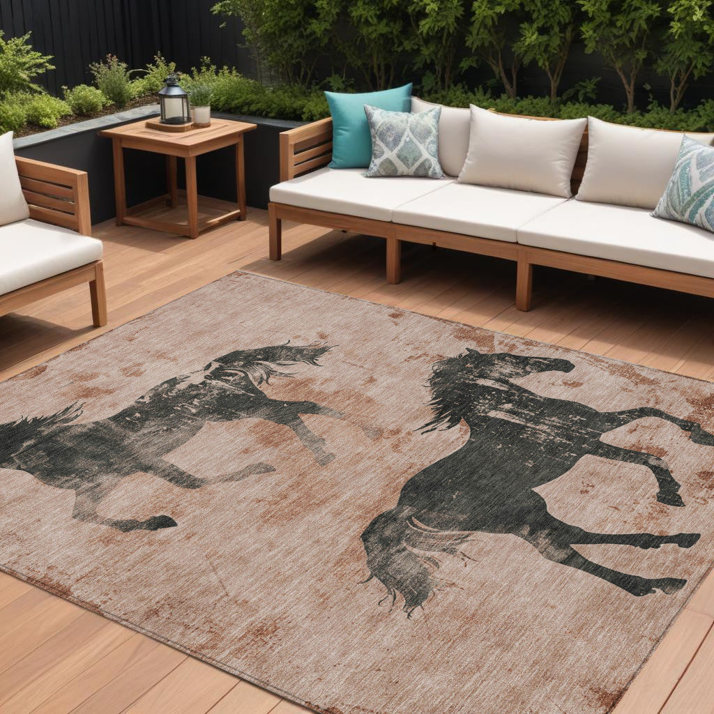 10' X 14' Rust And Charcoal Horse Washable Indoor Outdoor Area Rug