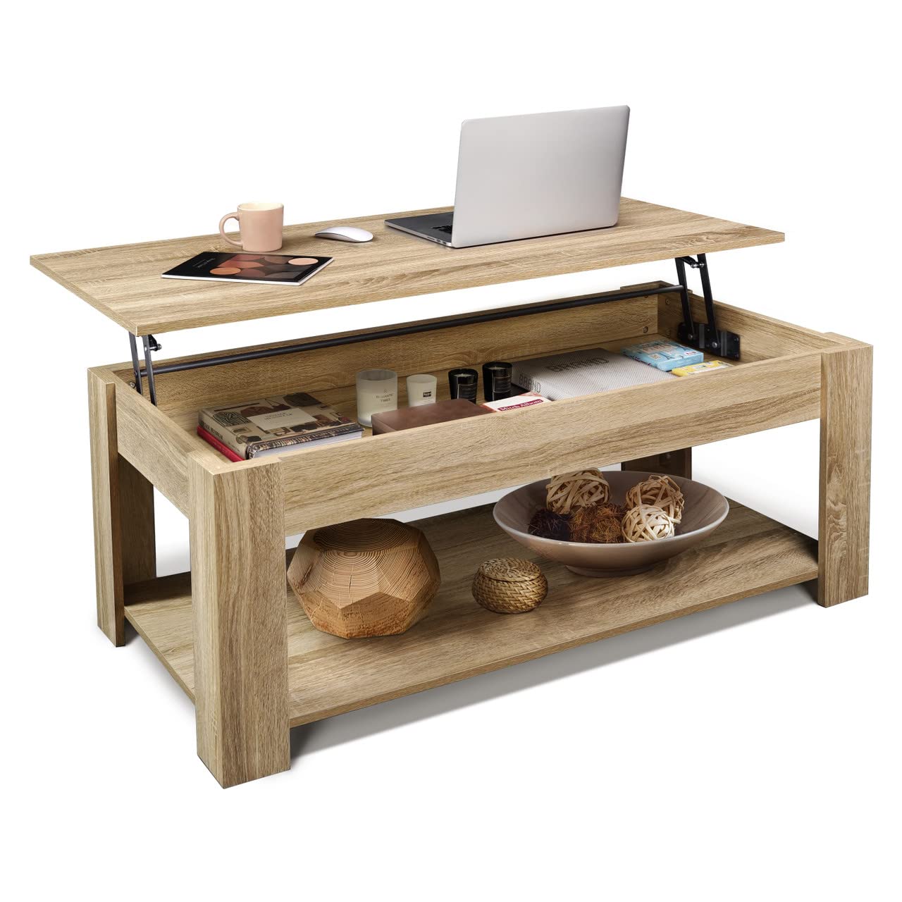 CAPHAUS 47 Natural Oak Lift Top Coffee Table with Storage, 110 lbs Capacity, 11 lbs Lifted