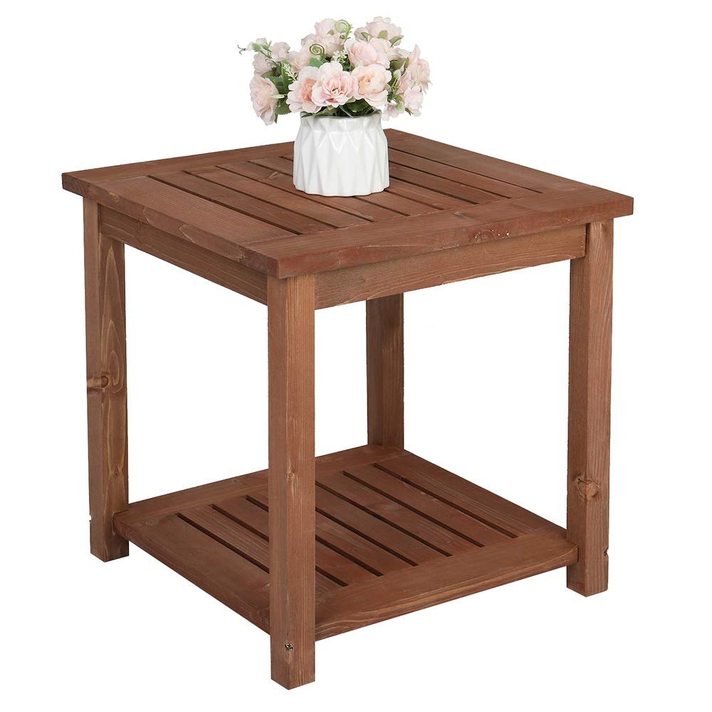 Rpuzonier Outdoor Side Table, Carbonized Color Wood 18 inch Poolside Patio Table, Square Coffee Table with Storage Tier for Pati