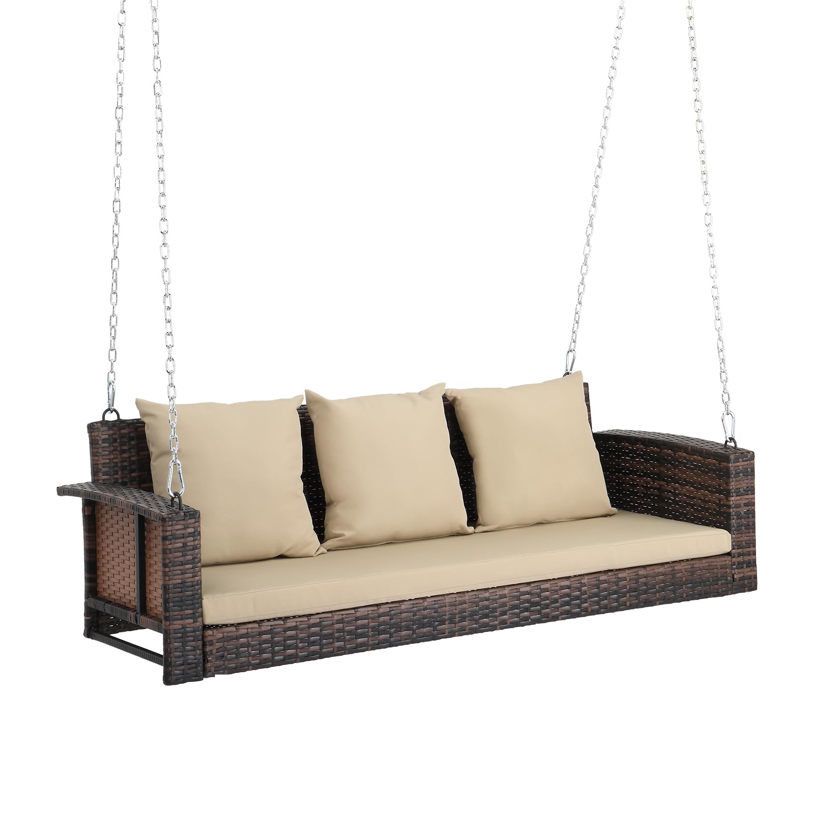 Outvita Porch Swing, 5Ft Hanging Outdoor Porch Swings For Adults, Wicker 3 Person Patio Swing, With Cushion, Pillow And Chain Fo
