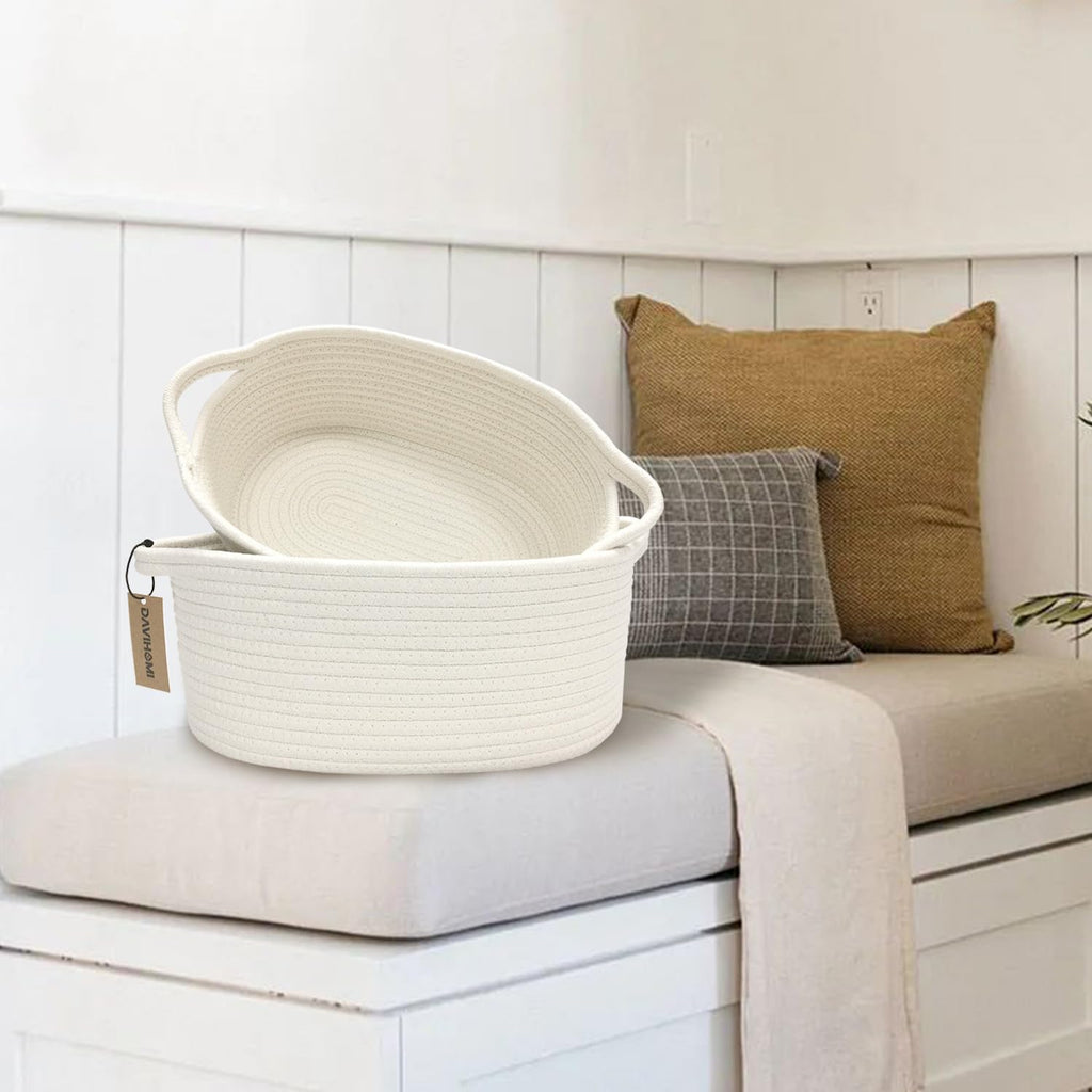 Davihomi 2-Piece Small Woven Storage Basket For Organizing|Cotton Rope Basket For Closet Shelving Storage|Gift Basket For Empty