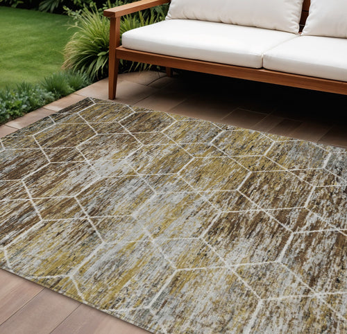 10 X 14 Brown Gold And Ivory Geometric Washable Indoor Outdoor Area Rug