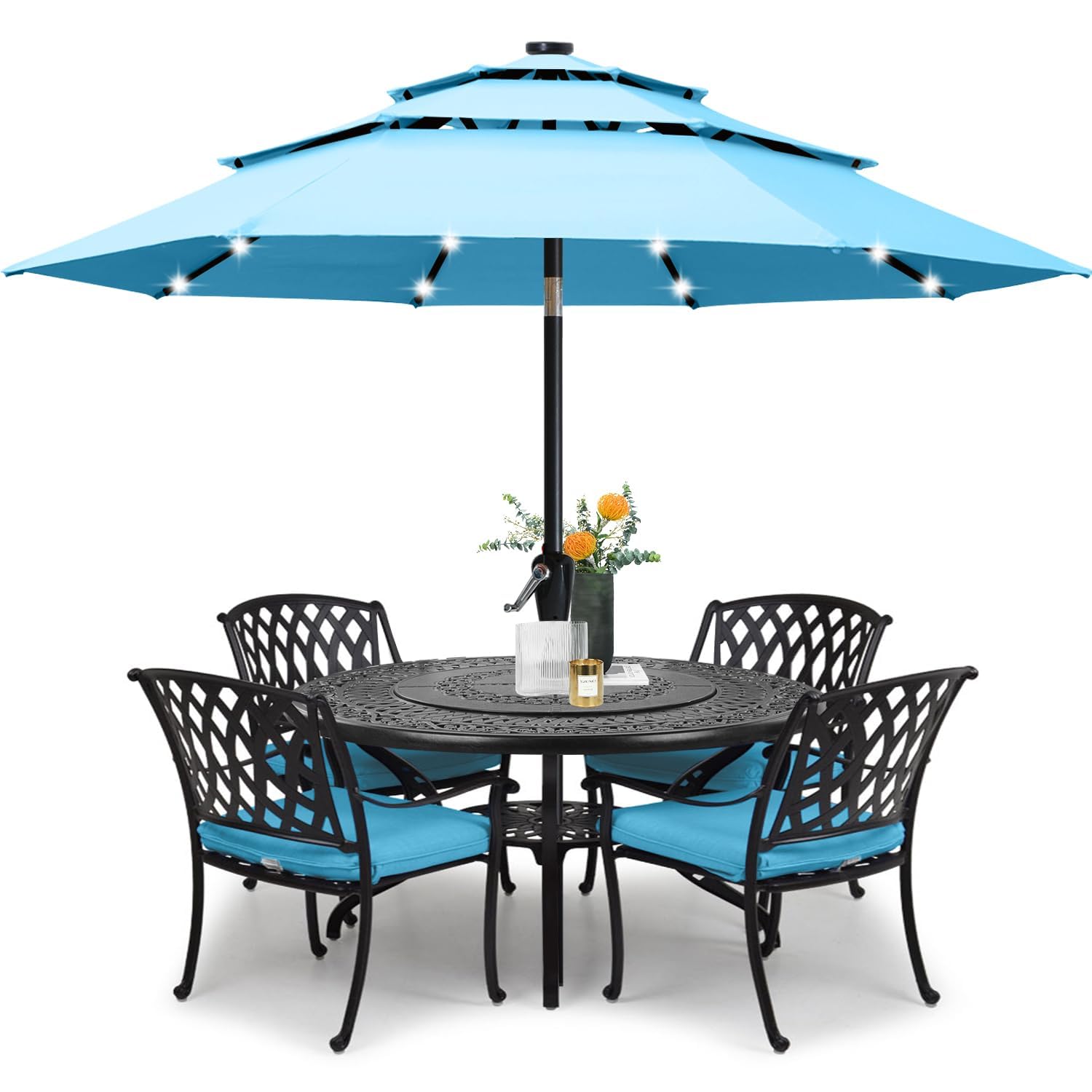 Abccanopy Solar Led Patio Umbrellas 3-Tiers 11Ft (Turquoise)