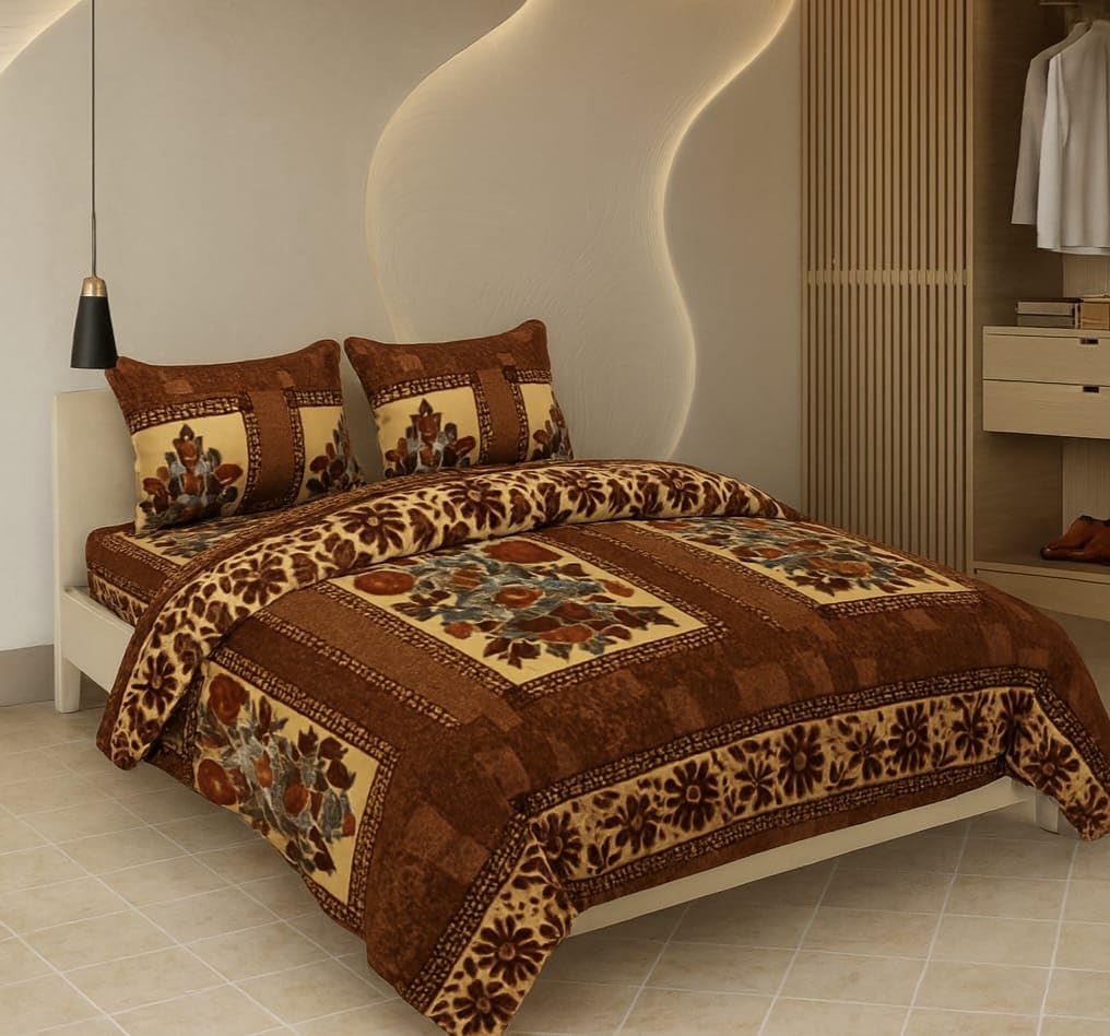 Prozone Warm Polar Fleece Gamla Printed Woollen Bedsheet for Double Bed 90 x 100 Inches with 2 Matching Pillow Covers I Winter F