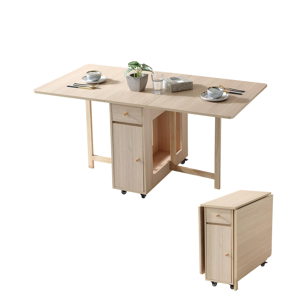 COMUHOME Extendable Drop Leaf Folding Dining Table with 2 Drawers and 4 Wheels for Living Room Kitchen Farmhouse Space Saving Ta