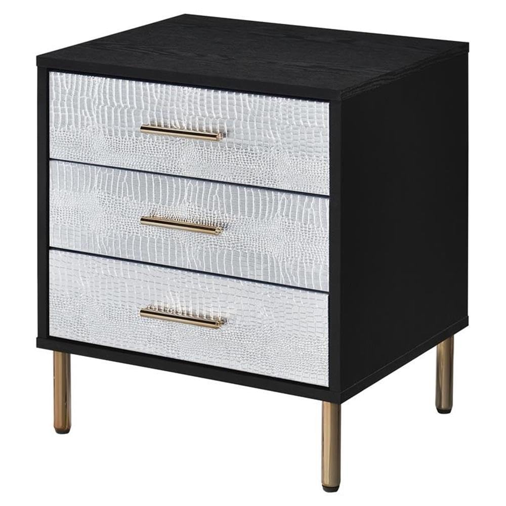 Acme Furniture Nightstand with 3 Drawers, Black, Silver and Gold