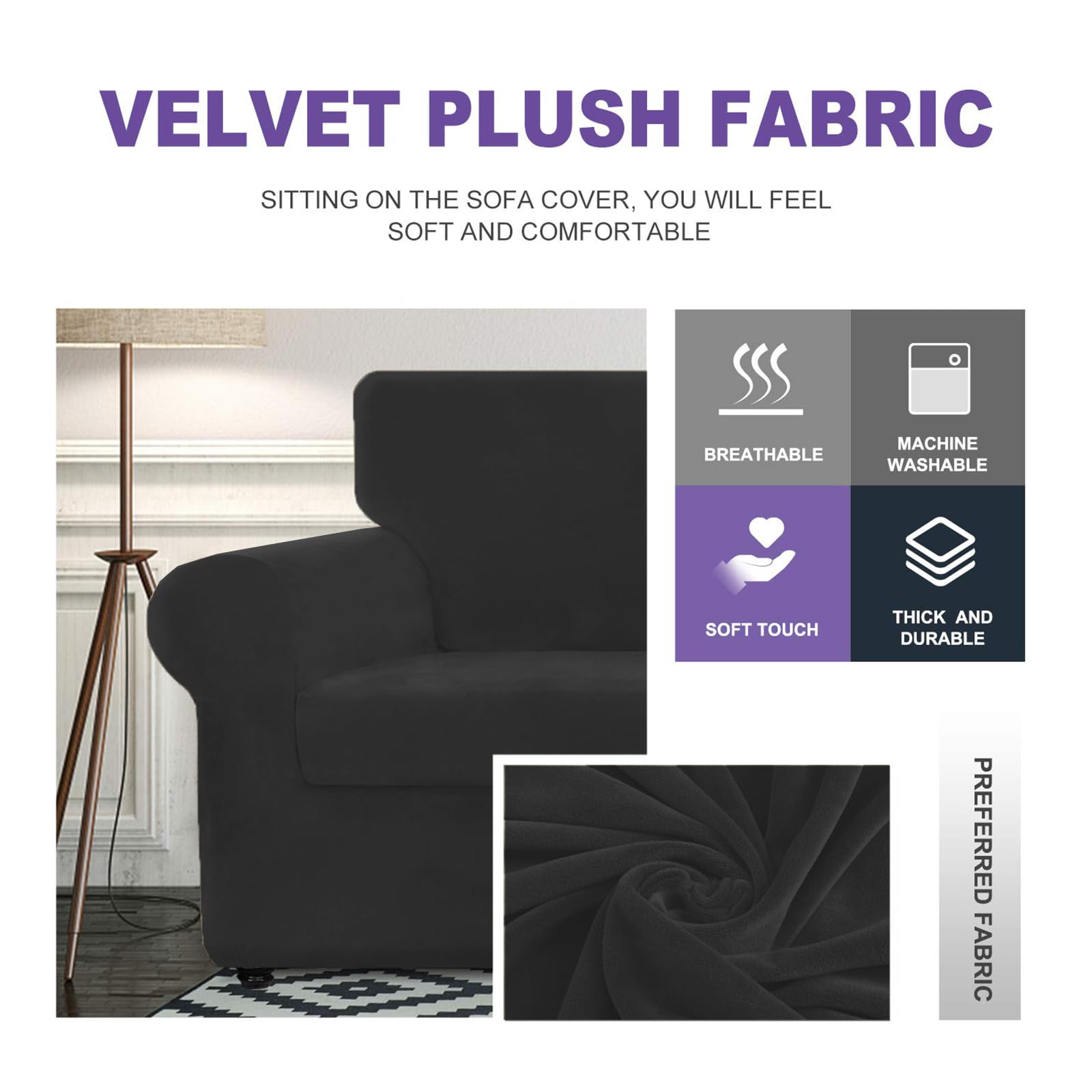 Znsayotx Oversized Velvet 3 Piece Couch Cover With 2 Extra Large Seat Cushion Covers Stretch Sofa Cover For 2 Cushion Couch Thick Soft Loveseat Sofa Slipcover (Black),71'-91'(2 Cushions)