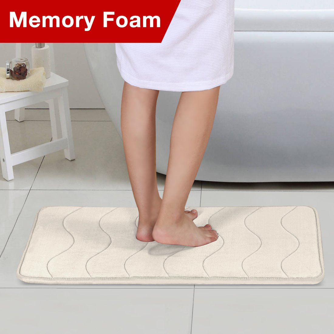 Flamingo P Bath Mat Rug, 20X32 Inches, Ivory White, Memory Foam, Non Slip, Absorbent, Bathroom