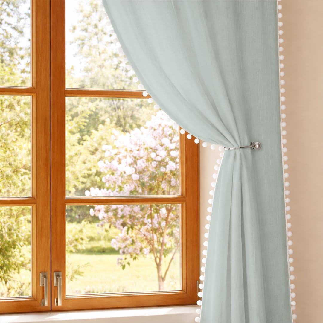 Homemonde Faux Linen Sheer Curtains With Rod Pocket Style Light Filtering 6 Feet Drapes Pack Of 2, Beautiful Border Pompoms  Si