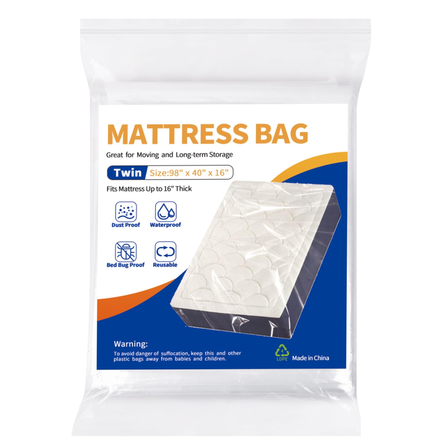 Mattress Bag For Moving Storage - 2 Pack Plastic Waterproof Mattress Protector Cover,Heavy-Duty Mattress Moving Supplies (2, Twi