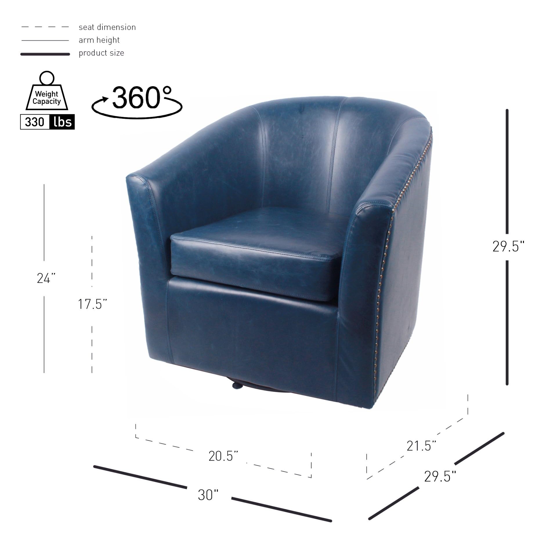 New Pacific Direct Ernest Bonded Leather Swivel Chair,Vintage Blue,Fully Assembled
