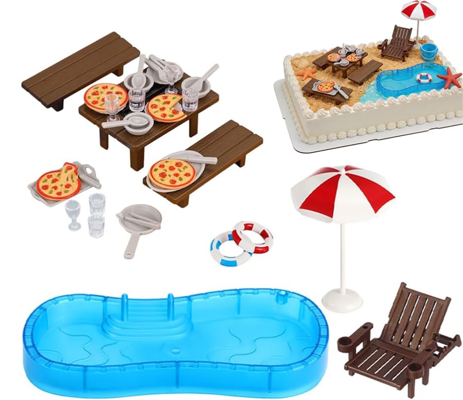 Abaodam Miniature Swimming Pool Dollhouse Furniture Set with Beach Chair Umbrella Table Pizza Accessories for DIY Fairy Garden M